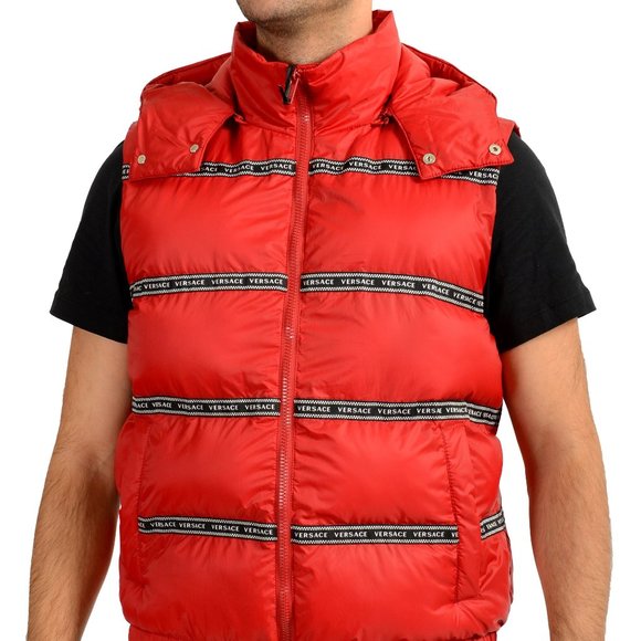 Versace Men's Red Logo Print Full Zip Sleeveless Parka Hooded